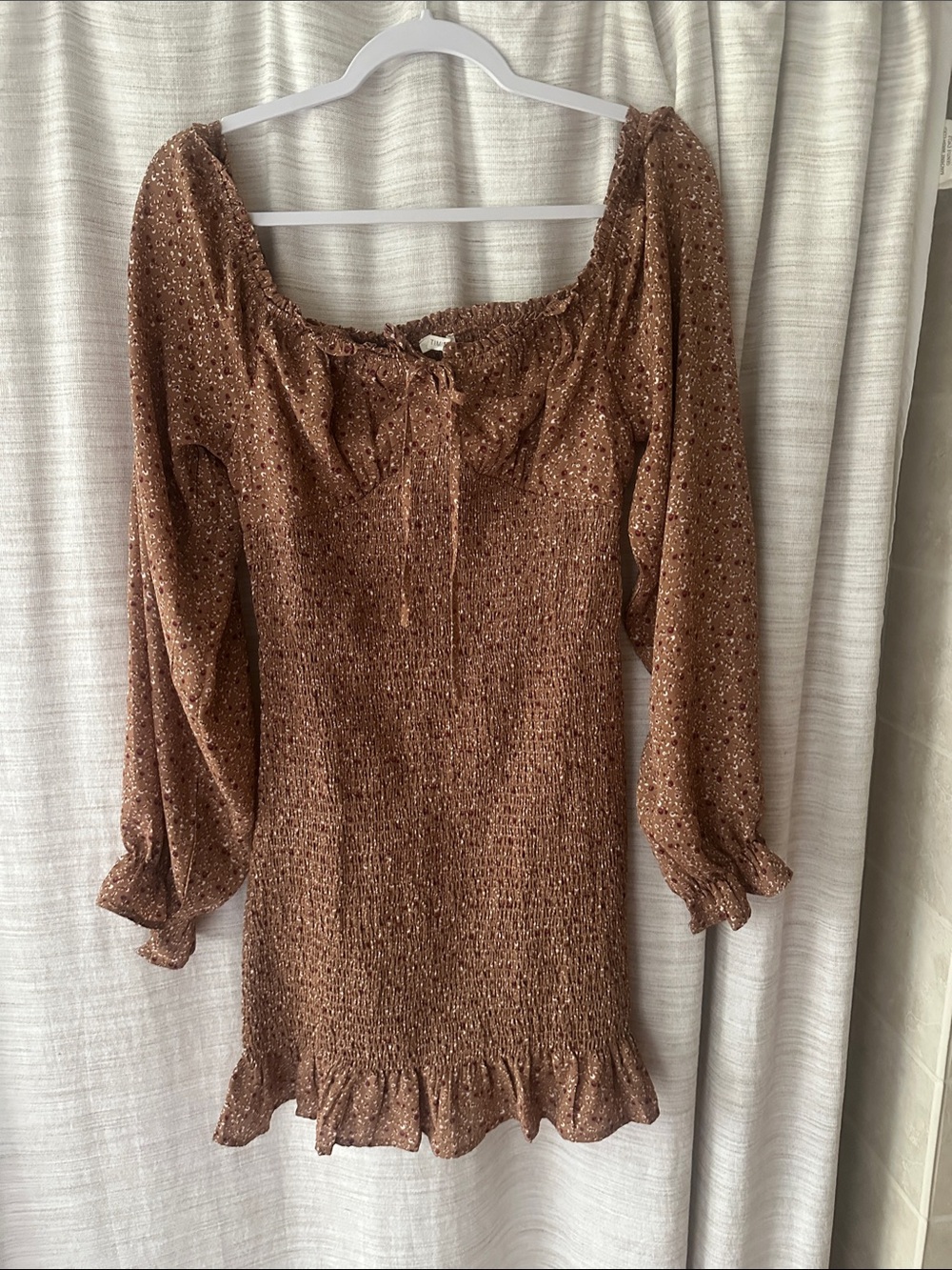 Rust Brown Smocked Long-Sleeve Mini Dress